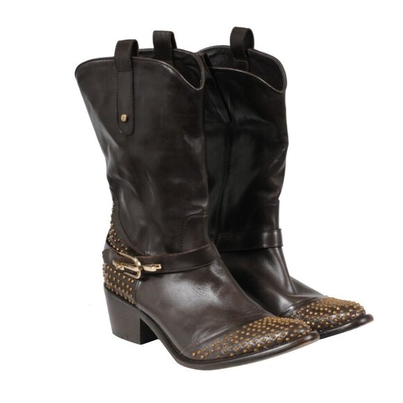 Cesare Paciotti Women Studded Western Cowboy Boots US 7 EU 37 Brown Leather Gold